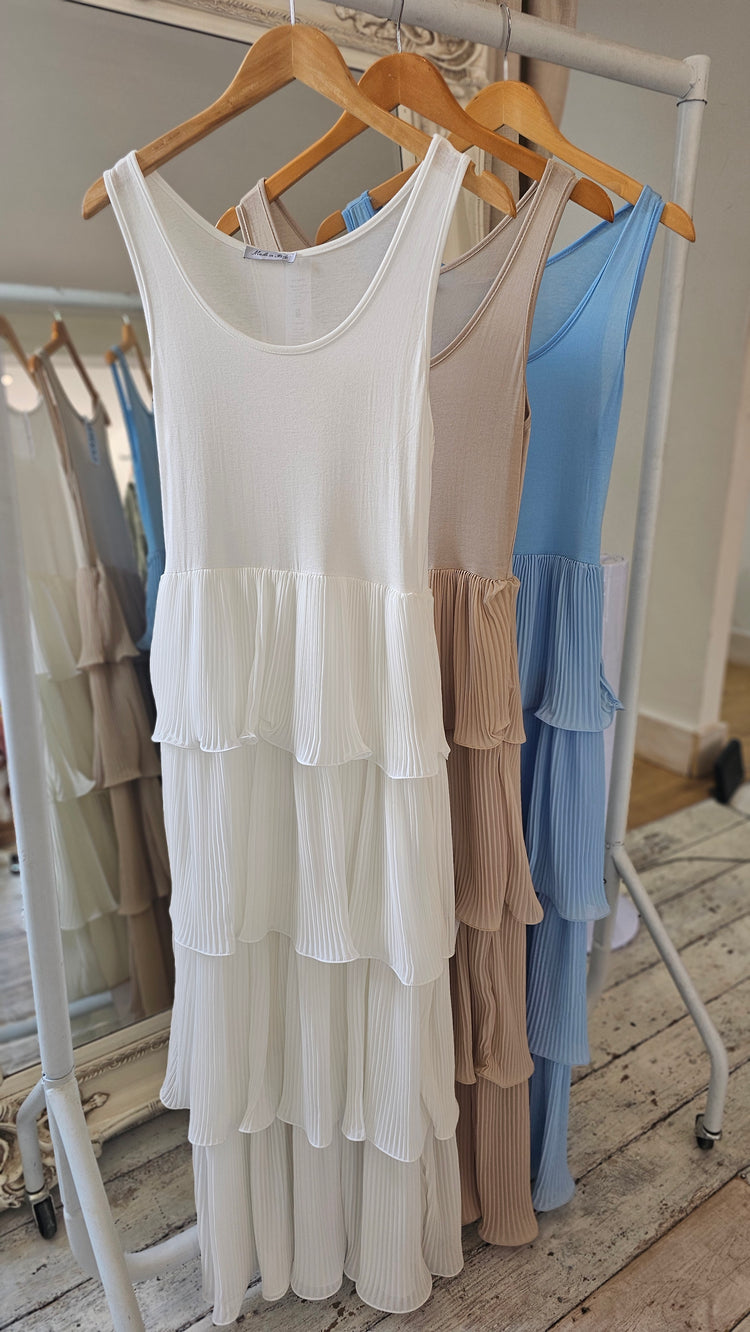 Florence layered pleat dress in white