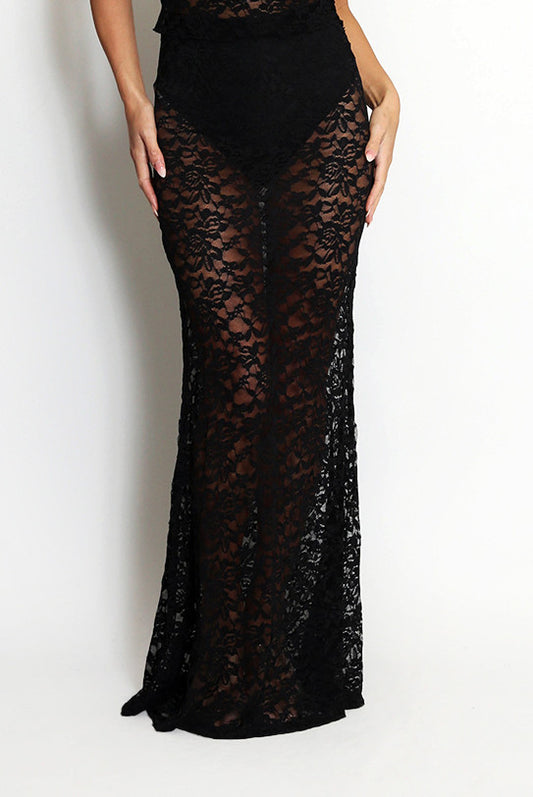 Maya Sheer Floral Lace Maxi Skirt in black