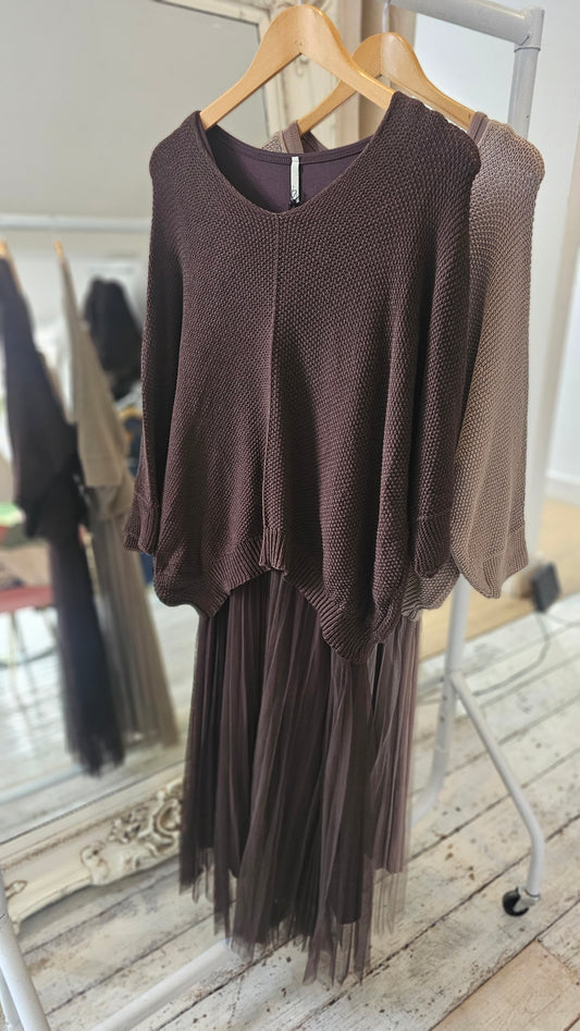 Naomie mesh detail dress & light knit two piece in chocolate