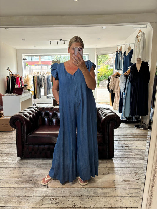 INDIE FRILL SLEEVE DENIM JUMPSUIT
