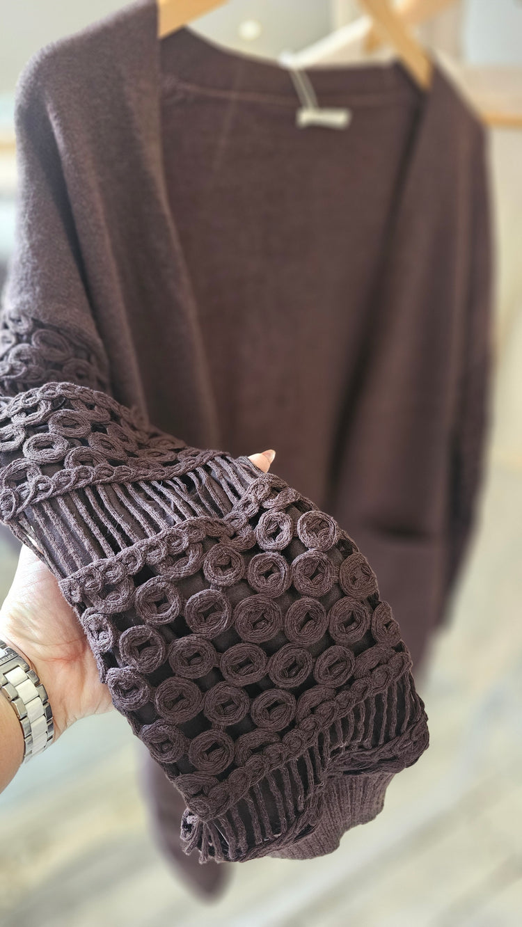 Nadia crochet sleeve cardigan in chocolate