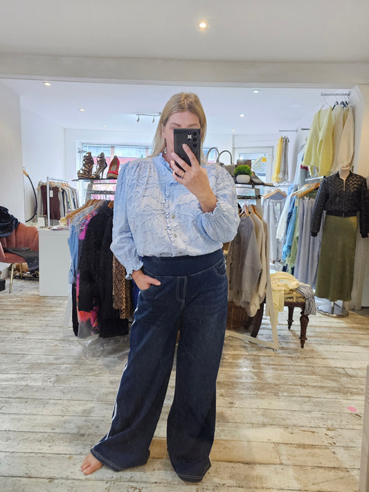 Sophia frill detailed embroidered cotton shirt in powder blue