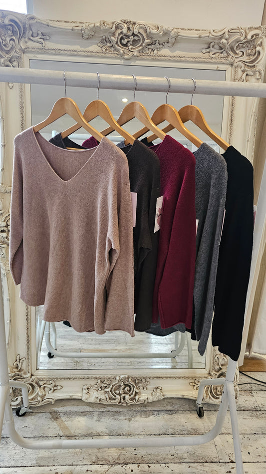 Amber Supersoft V- Neck Knitted Jumper in Chocolate