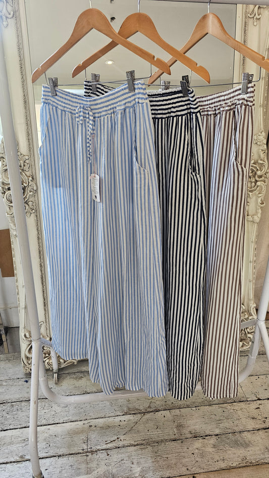 Bridget Wide Leg Stripe Linen Trousers in navy