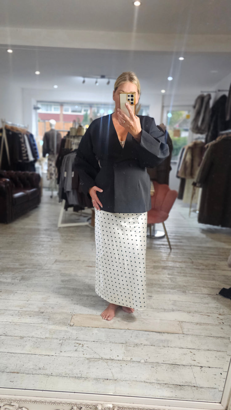 Aubrey Polka Dot Satin Midi Skirt in white