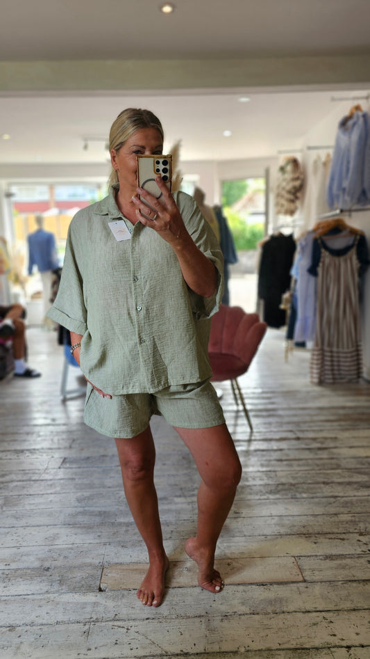 Phoebe Linen Look Oversized Blouse And Shorts Set in khaki
