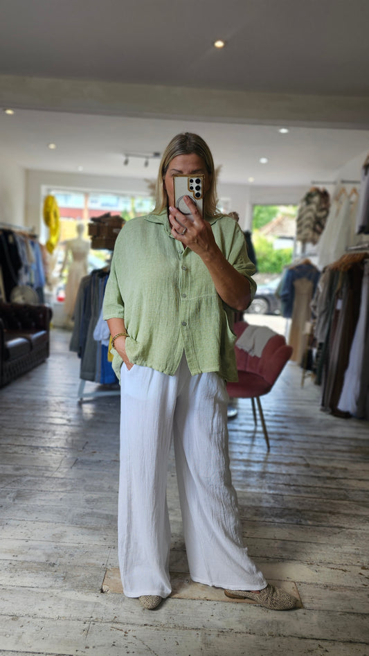 WILLOW HALF SLEEVE LINEN BLEND SHIRT IN PISTACHIO