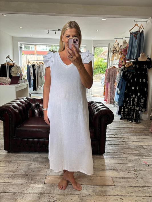 Taylor linen blend frill sleeve midi dress in white
