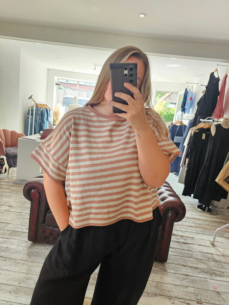 Demi Cotton Knitted Cropped Stripe Tee in terracotta
