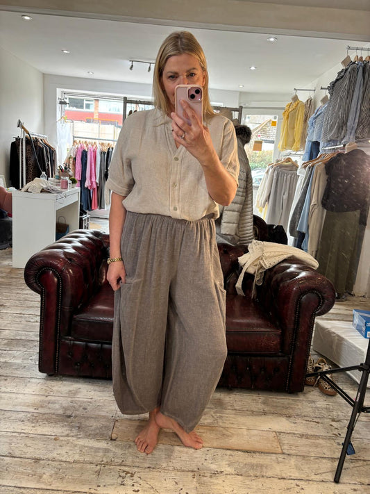 Thalia Linen Blend V Neck Top in Beige