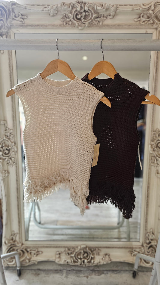 Zoe fringe hem sleeveless knit top in cream