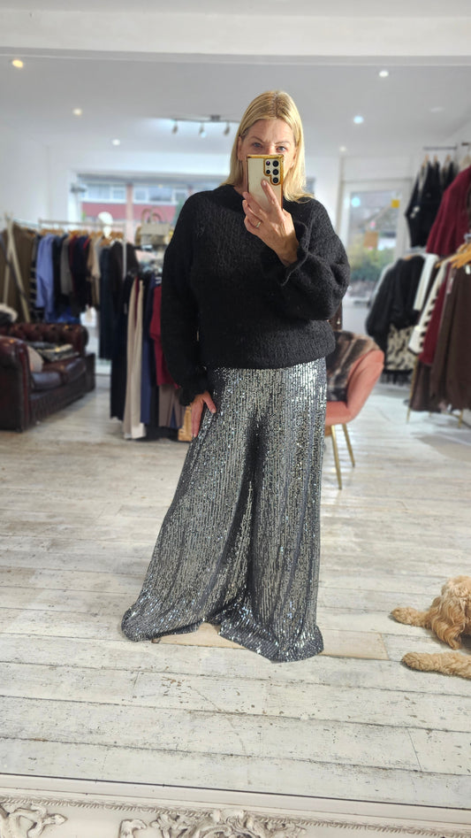 Gloria elasticated waist sequin trousers in dark silver