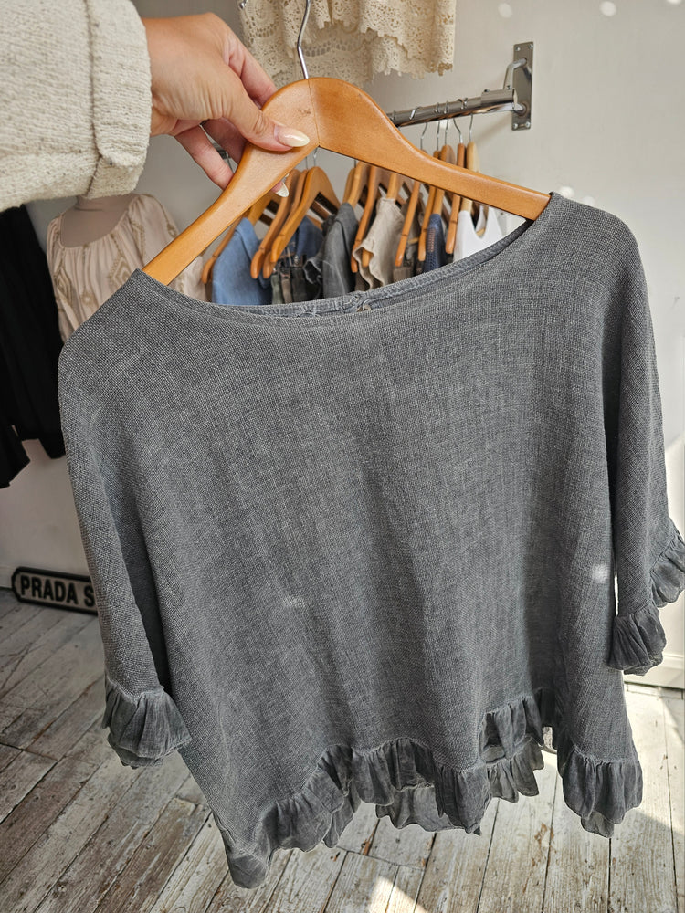 Libby linen ruffle top in grey