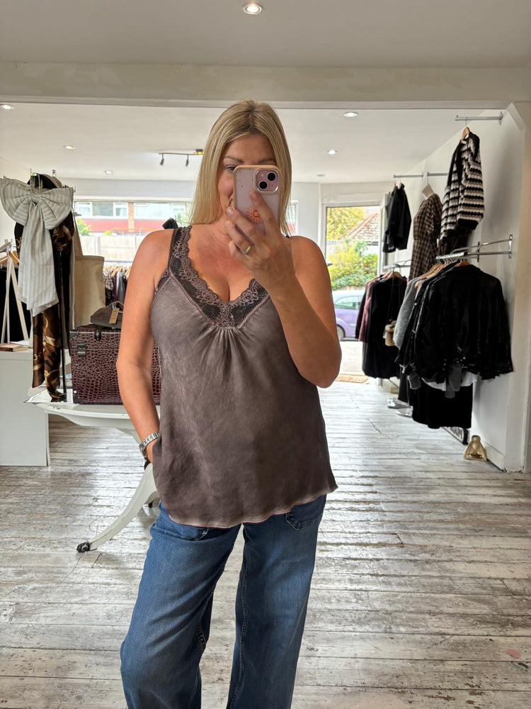 Blair lace strap satin vest in chocolate