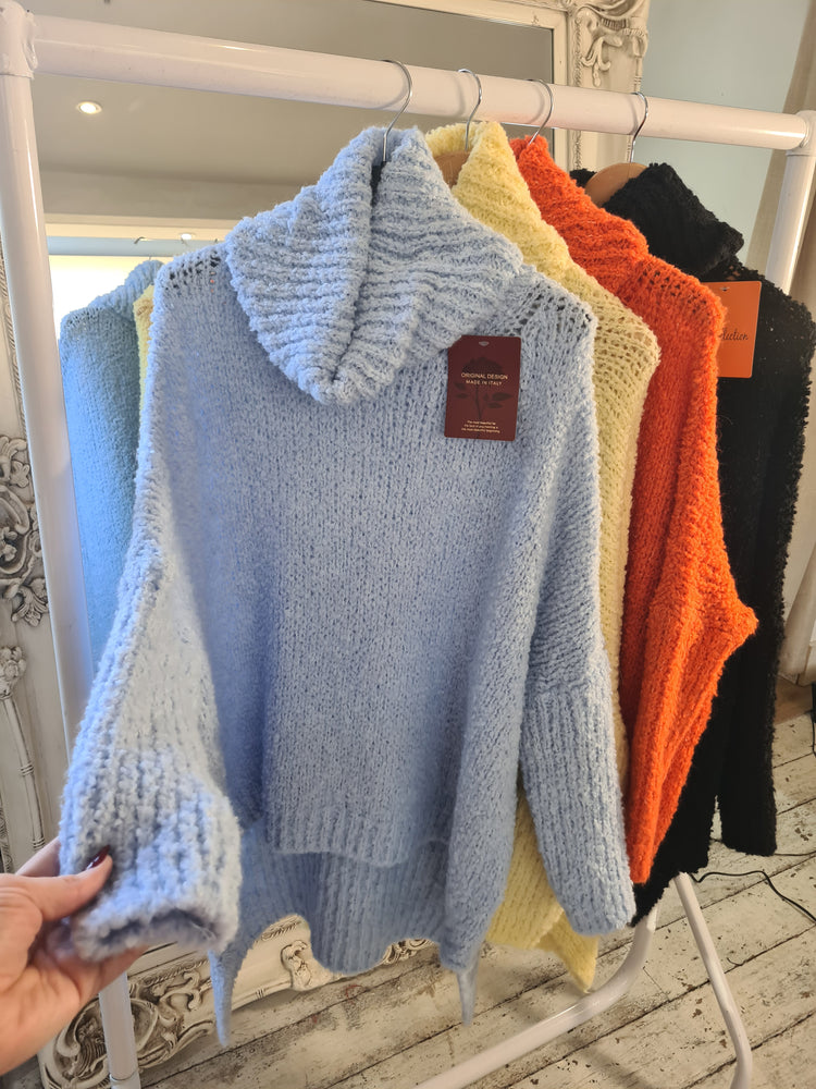 Frankie High Low Roll Neck Jumper in powder blue