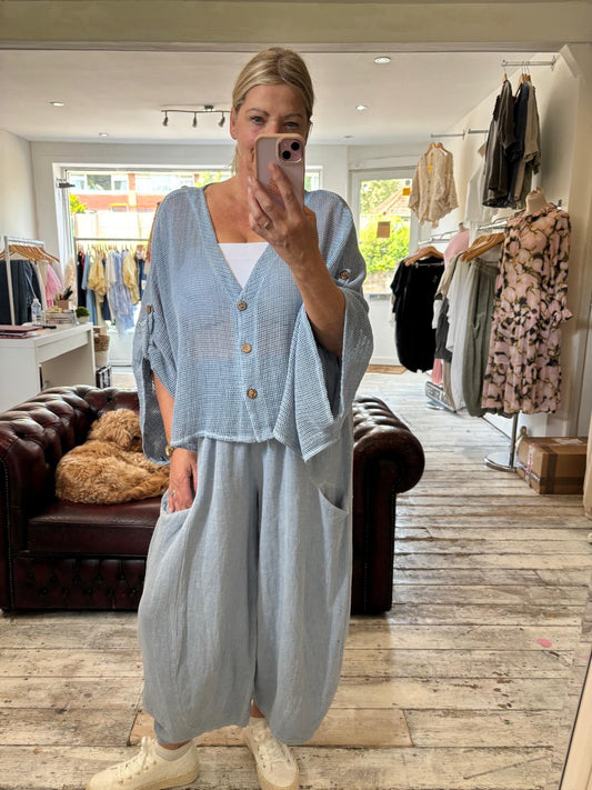 SOPHIA LINEN BLEND MESH BUTTON UP CARDIGAN IN LIGHT BLUE