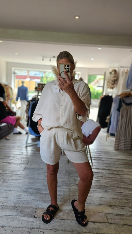 Phoebe Linen Look Oversized Blouse And Shorts Set in beige