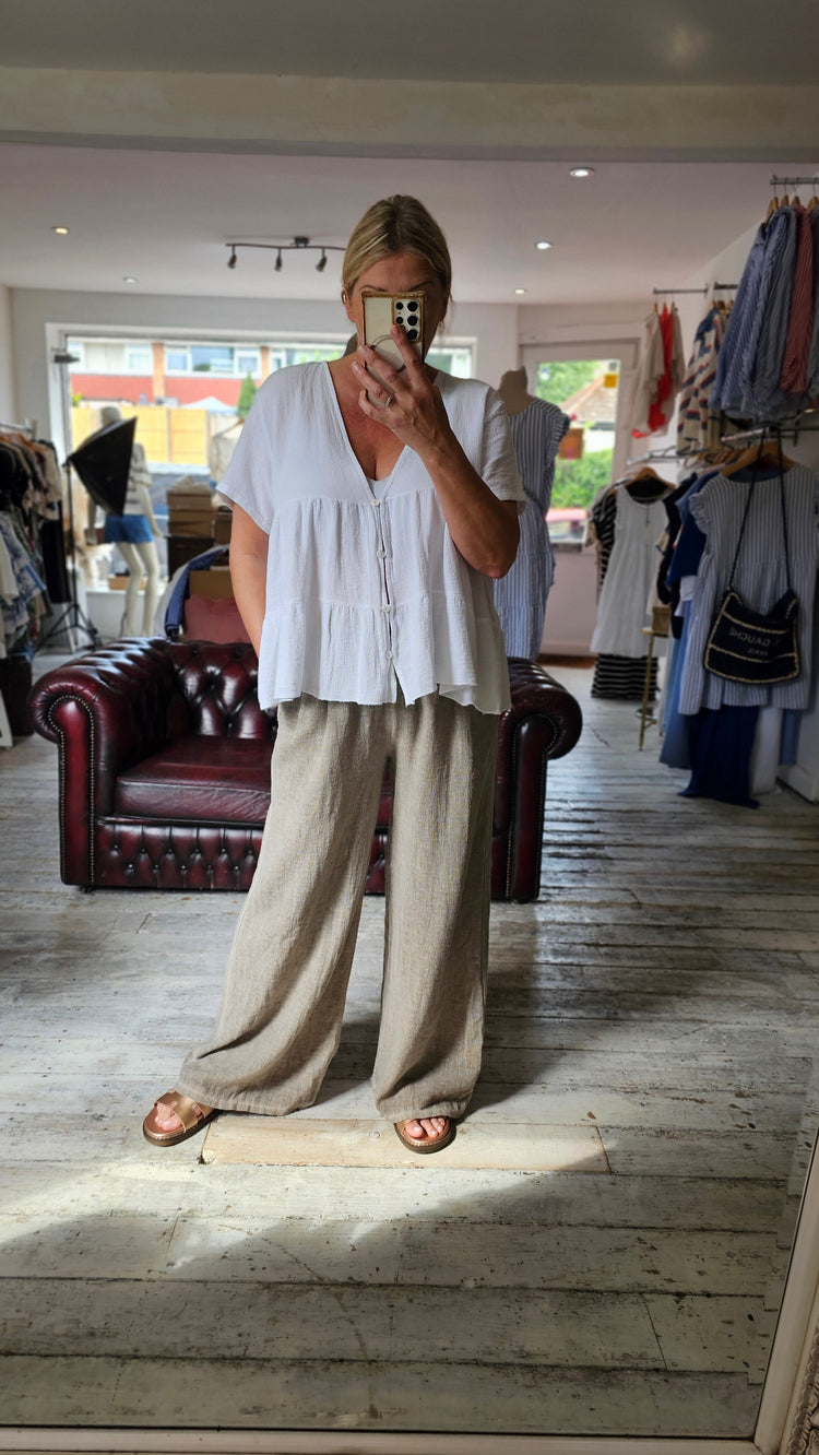 FLORENCE LINEN BLEND BUTTON UP SHIRT IN WHITE