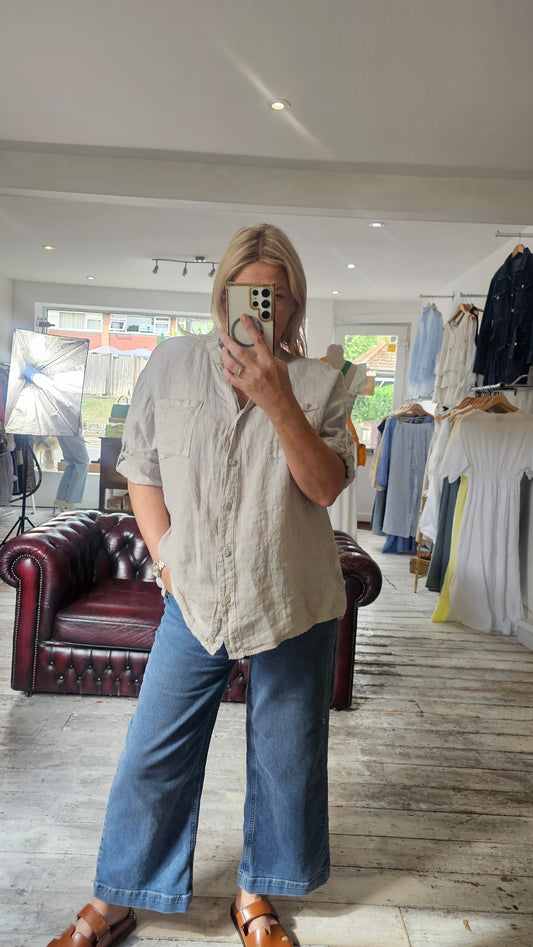 Emilia lace back linen blouse in beige