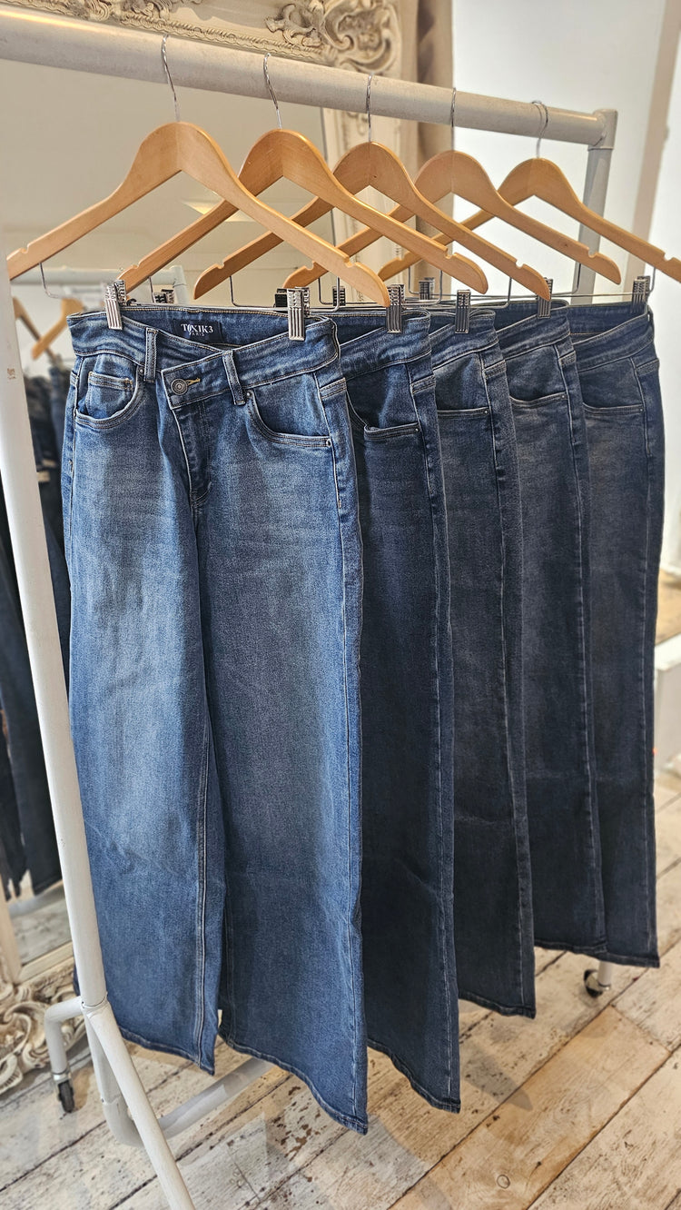 Toxik asymmetric waistband stretchy wide leg jeans