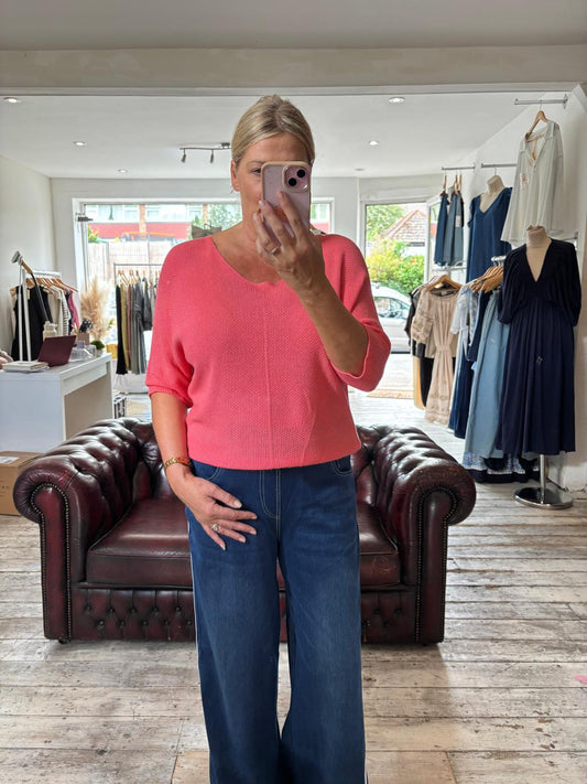 TABITHA V NECK CROCHET TOP IN CORAL