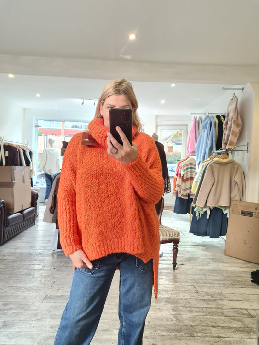 Frankie High Low Roll Neck Jumper in orange