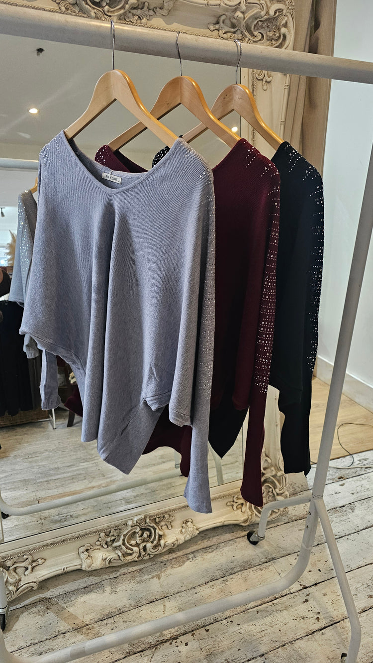 Ivy Diamante studded V neck batwing jumper in grey