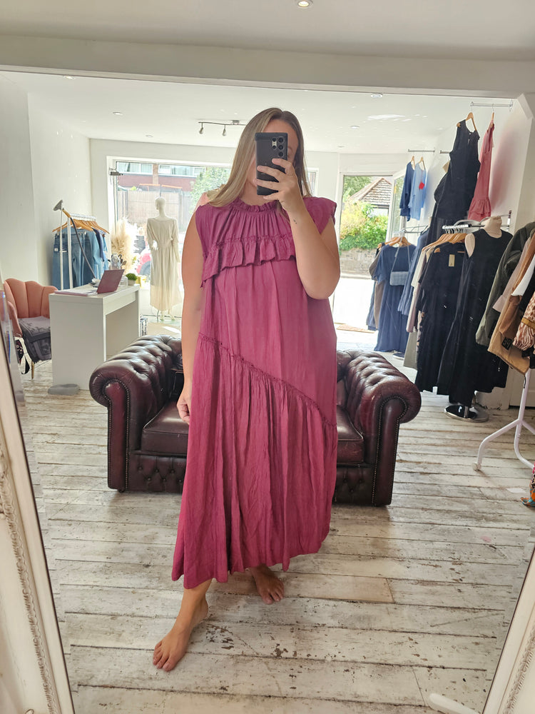 Savannah frill detail midi dress in Raspberry