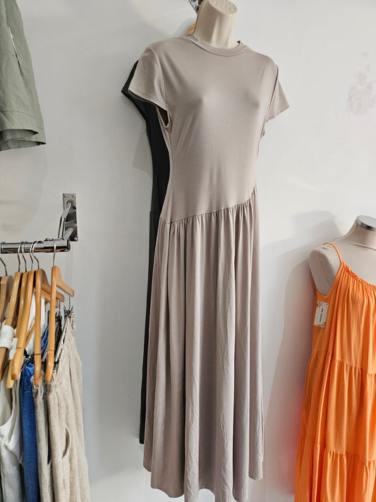 Sienna asymmetric drop waist maxi dress in light mocha