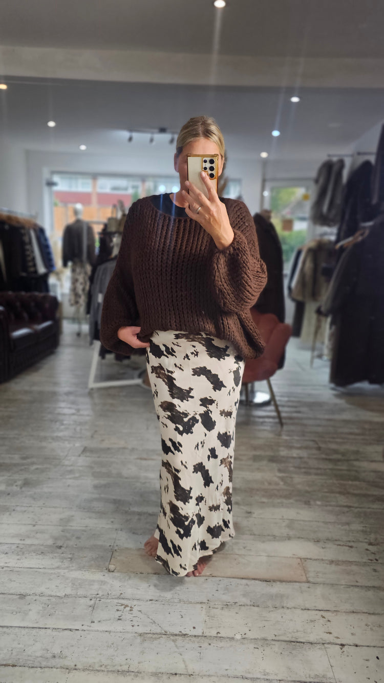 Abbey Cow Print Bias Midi Skirt in chocolate