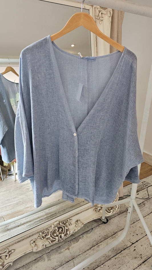 ISLA V NECK LINEN BLEND TOP IN Light blue