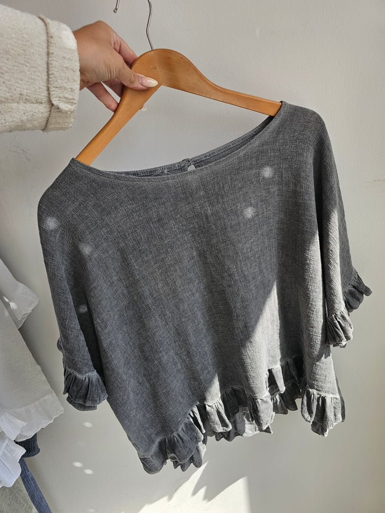 Libby linen ruffle top in grey