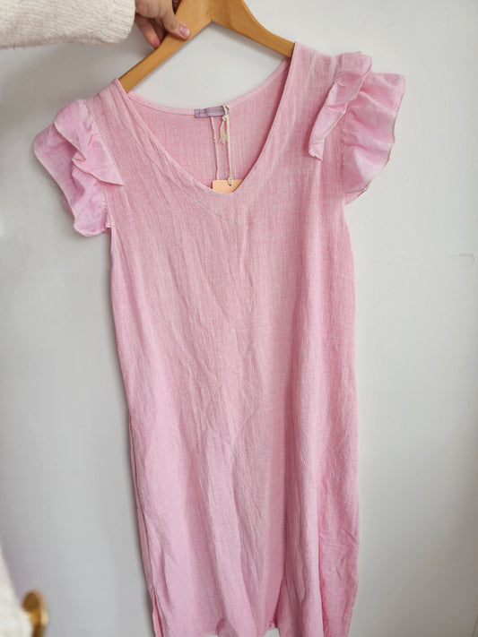 Taylor linen blend frill sleeve midi dress in baby pink