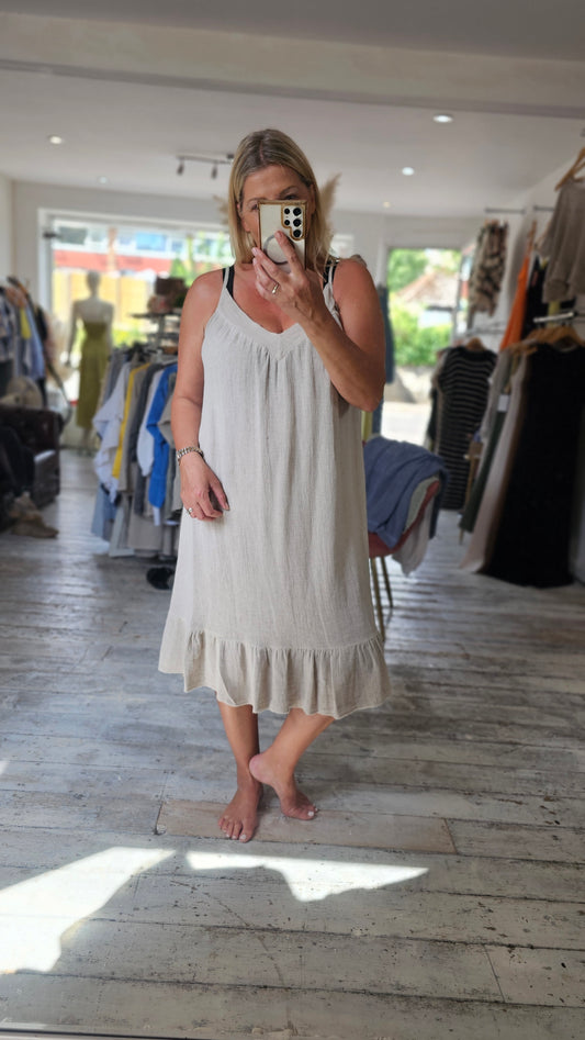 Myla Linen Blend V-Neck Strap Midi Dress in Beige