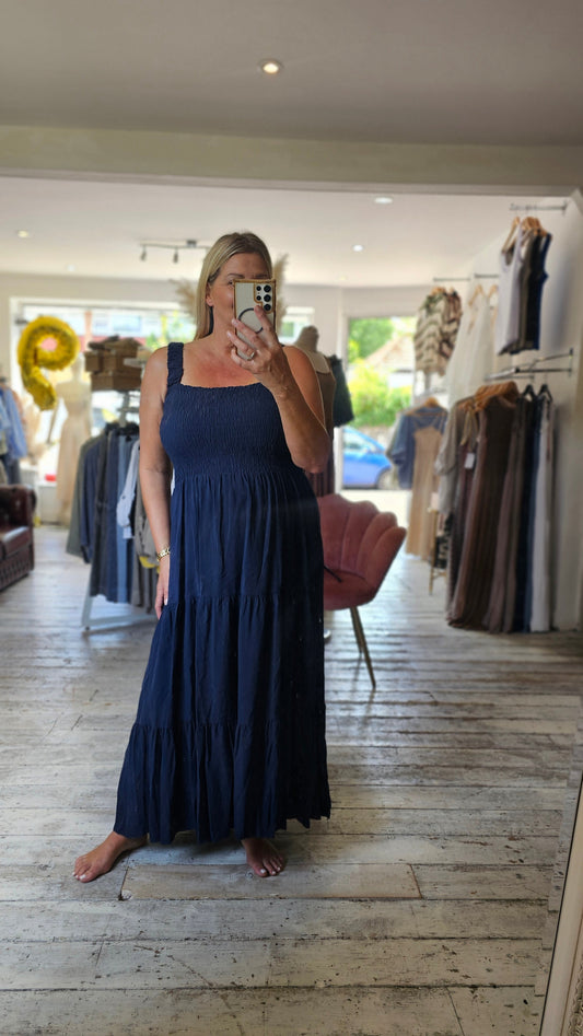 LEAH SHIRRED CHEST MAXI DRESS IN NAVY