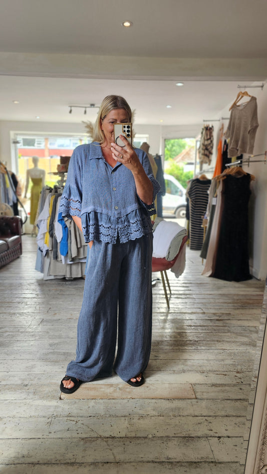 Lily linen blend anglaise hem shirt in denim blue