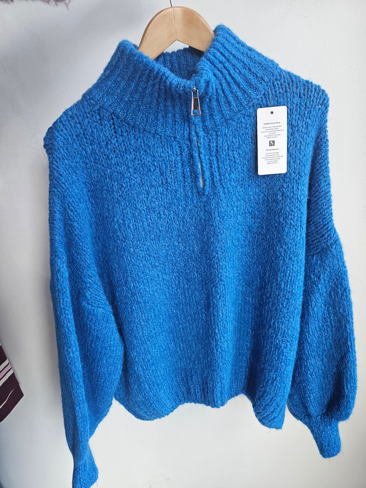 Frankie half zip balloon sleeve knitted jumper in Royal Blue