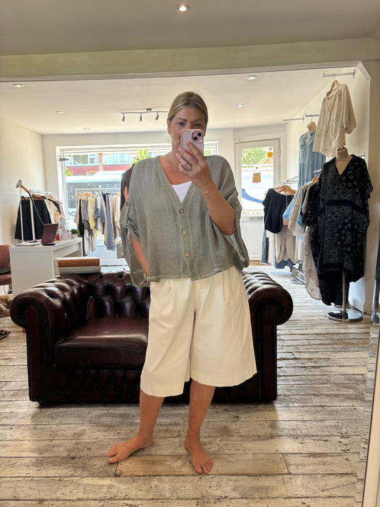 SOPHIA LINEN BLEND MESH BUTTON UP CARDIGAN IN KHAKI