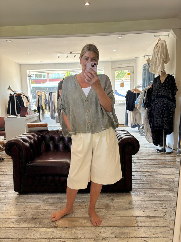 SOPHIA LINEN BLEND MESH BUTTON UP CARDIGAN IN KHAKI
