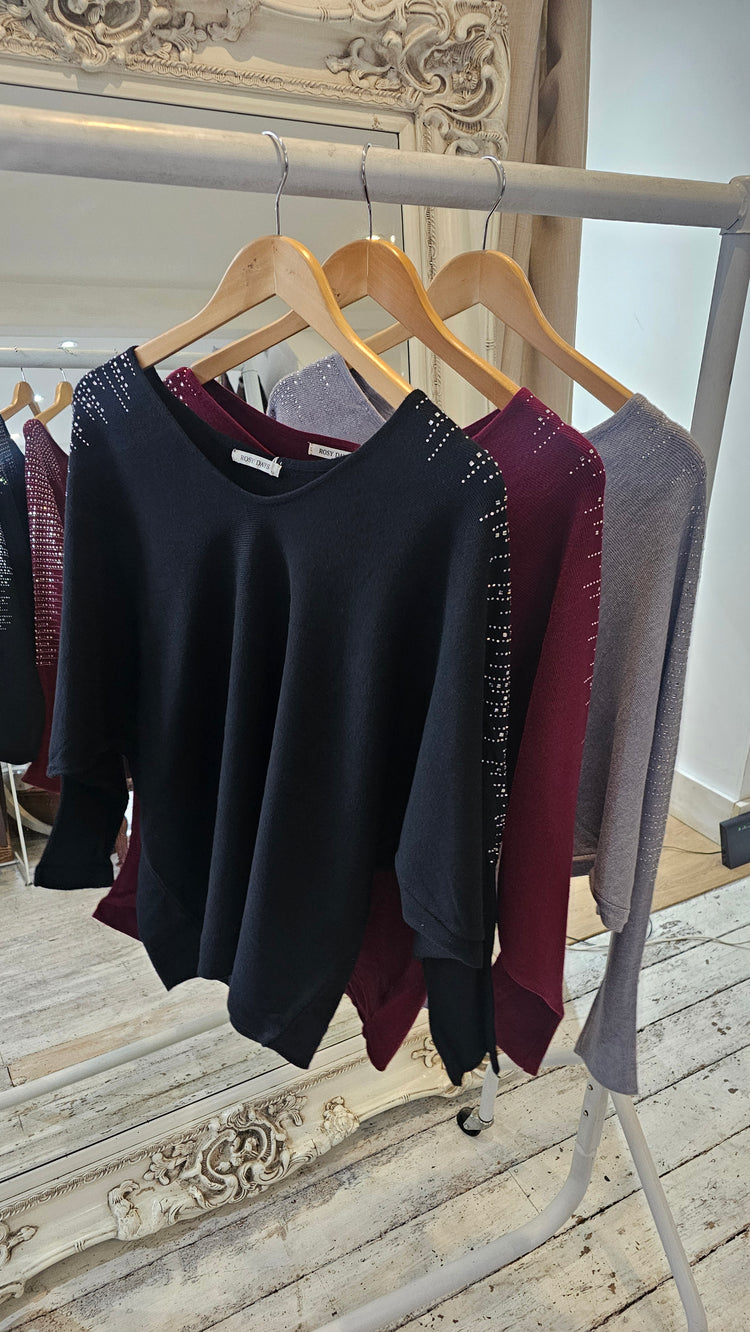 Ivy Diamante studded V neck batwing jumper in black