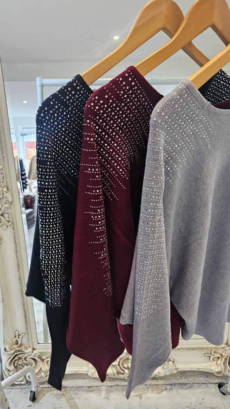 Ivy Diamante studded V neck batwing jumper in wine