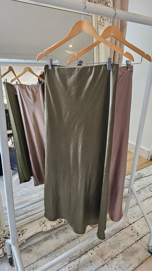 Eden Bias Cut Satin Midi Skirt in olive green