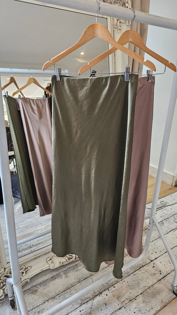 Eden Bias Cut Satin Midi Skirt in olive green