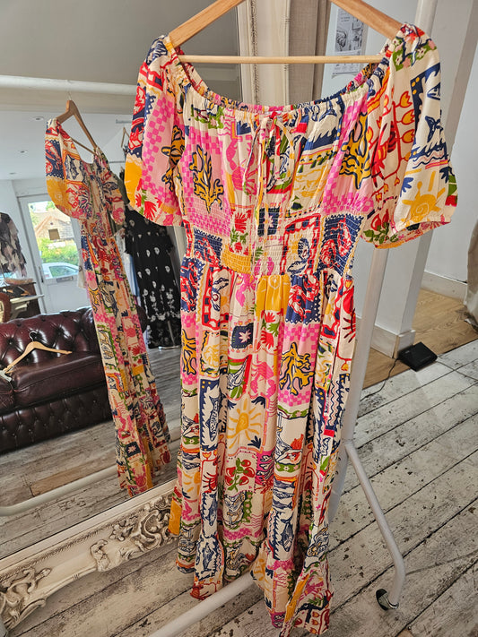 SHIRRED DETAIL POSTCARD PRINT MIDI DRESS