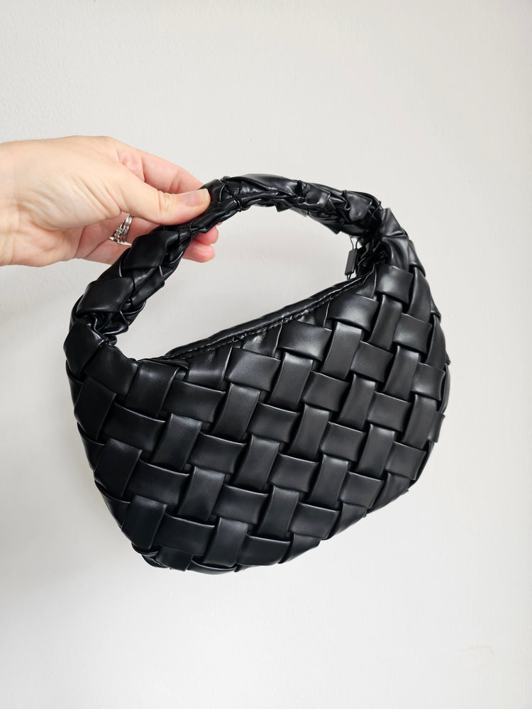 Faux leather woven bag in black