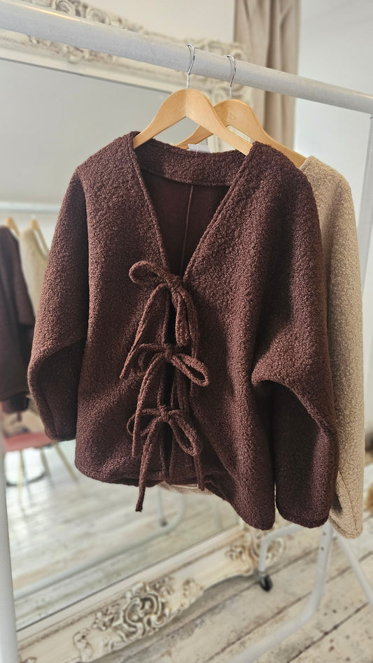 Mabel tie front boucle cardigan in chocolate