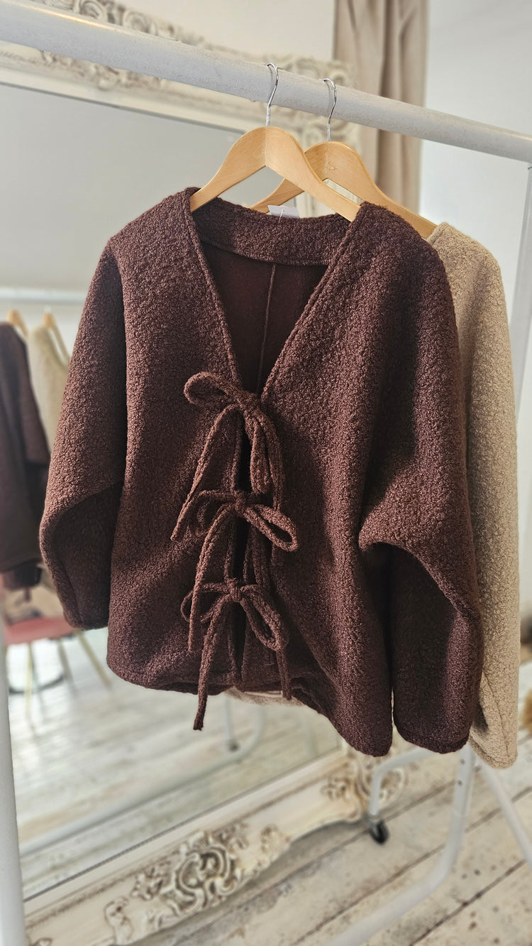 Mabel tie front boucle cardigan in chocolate