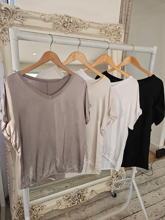 Sadie Satin Style V Neck Top in Light mocha