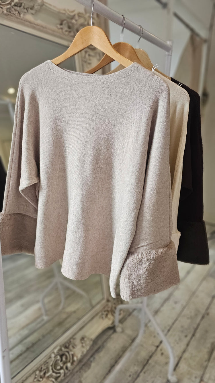 Daphne Faux Fur Sleeve Jumper in Mocha
