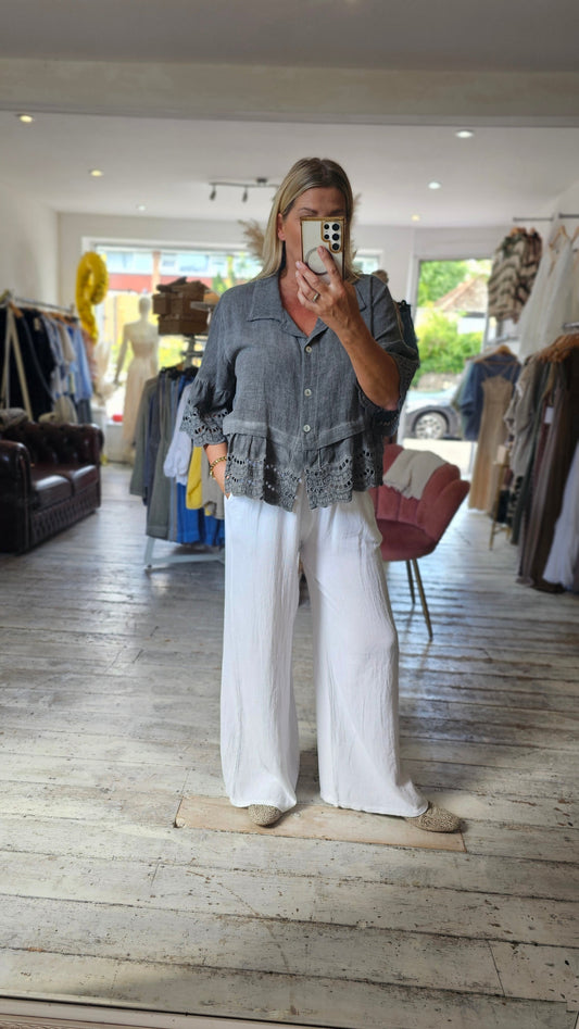 LILY LINEN BLEND ANGLAISE HEM SHIRT IN DARK GREY